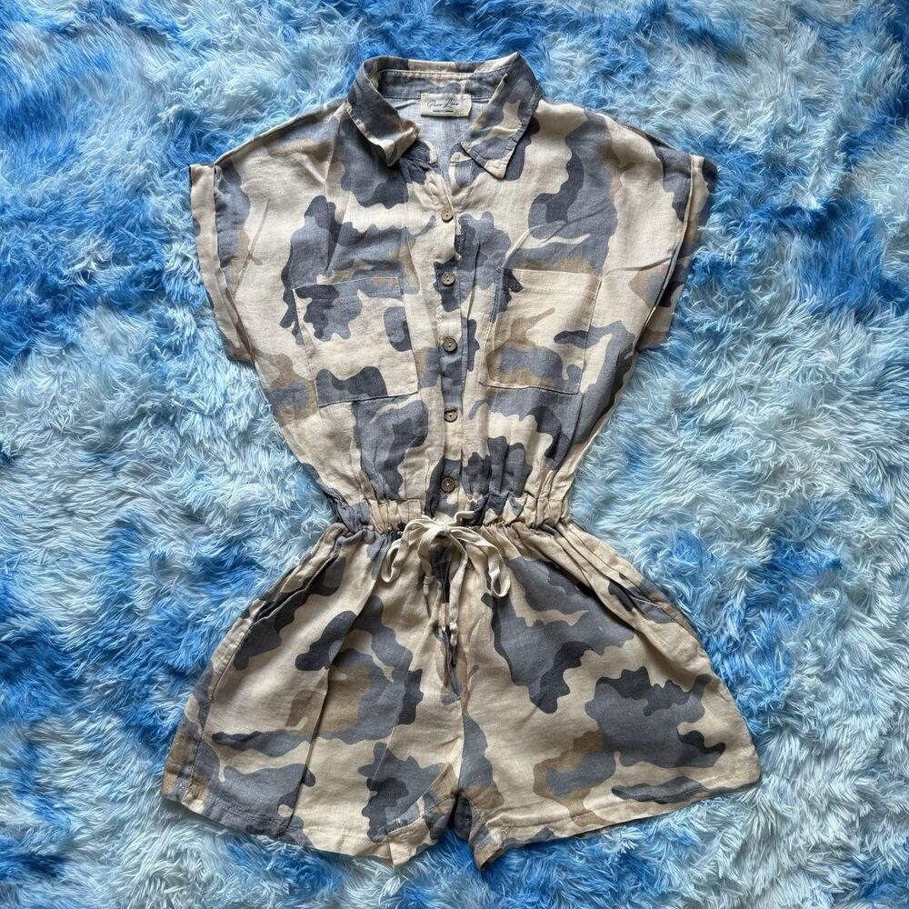 Puro Lino Italian Linen Camo Romper Shorts - Women’s Small